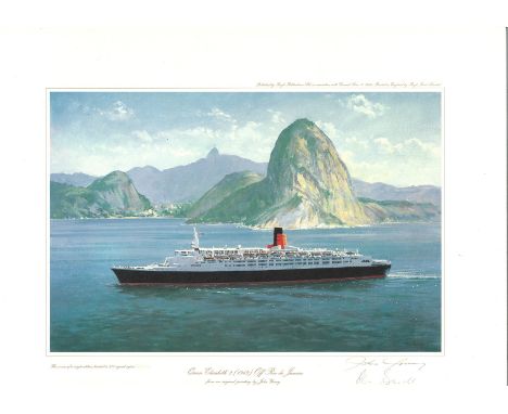 Nautical print 18x14 approx titled Queen Elizabeth 2 1969 Off Rio De Janerio signed in pencil by the artist John Young and on
