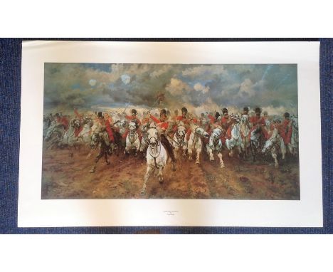 Historical Military Print 32x21 approx titled Scotland For Ever ! By the artist Lady Butler. Good Condition. We combine posta