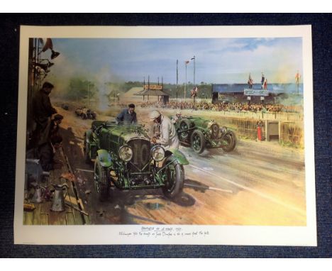Historical Print approx 33x26 titled Bentleys at Le Mans 1929 by the artist Terence Cuneo. Enlanger fills the sump as Jack Du