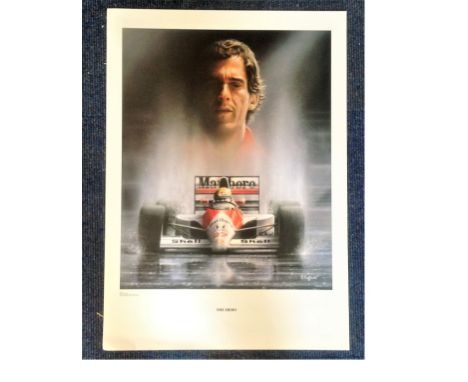 Ayrton Senna 32x20 approx print titled The Hero by the artist S. Coffield picturing the legendary Brazilian driving the numbe