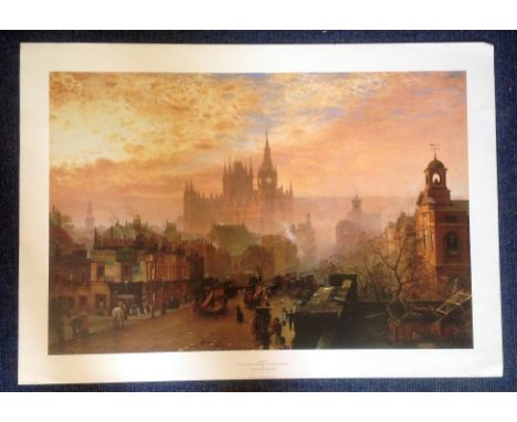 London print approx 33x24 titled Sunset St Pancras Hotel and Station from Pentonville Road by the artist John O'Connor 1830-1