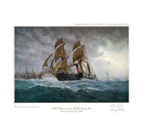 Nautical print 18x14 approx titled RMS Britannia 1840 Off the Anglesey Coast signed in pencil by the artist E D Walker and Do