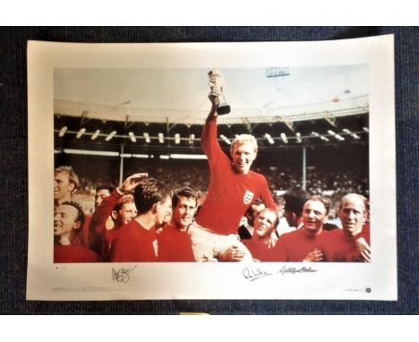 Football England 1966 World Cup Winners 24x16 colour print signed by Alan Ball, Ray Wilson and George Cohen limited edition 6