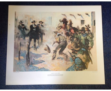 Wild West print 24x29 approx titled "GUNFIGHT AT THE OK CORAL" by the artist Terence Cuneo. Good Condition. We combine postag