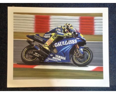 Motor Cycling print approx 28x20 titled "The Doctor "by the artist Derrick Mark picturing the legendary 9 Time moto GP world 