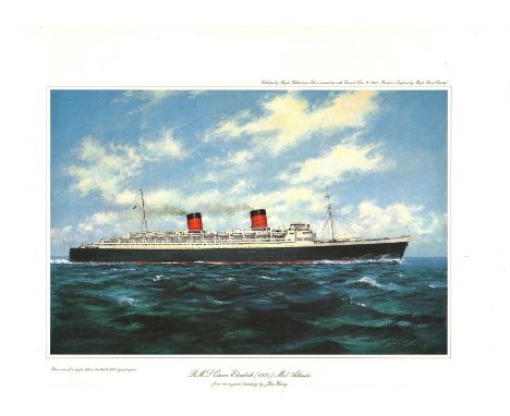 Nautical print 18x14 approx titled RMS Queen Elizabeth 1938 Mid Atlantic by the artist John Young. Good Condition. We combine