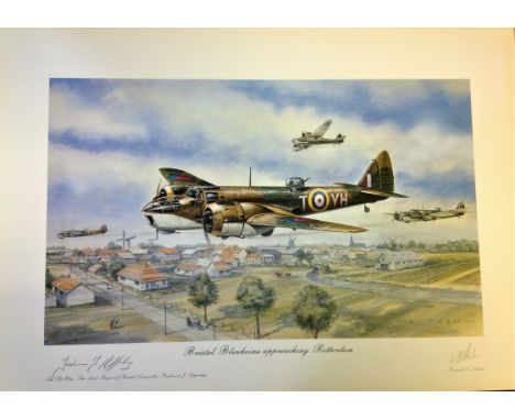 World War Two print approx 24x20 titled Bristol Blenheims approaching Rotterdam by the artist Kenneth G Aitken signed in penc