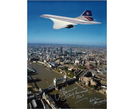Mike Bannister Chief Concorde Pilot and Adrian Meredith photographer signed 16x12 colour photo of Concorde G-BOAG flying over