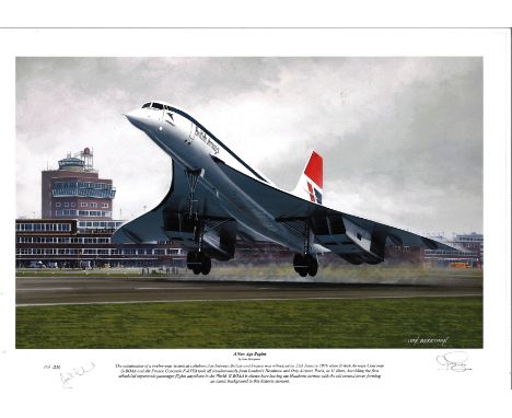 Concorde Limited edition signed print A New Age Begins. Depicting the first scheduled flight, 21st January 1976 as Concorde t