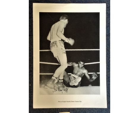 Boxing Sir Henry Cooper signed 18x14 black and white print picturing the moment when he knocked down Cassius Clay slight crea