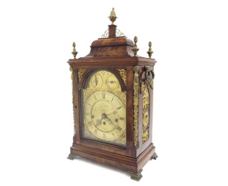 Fine English flame mahogany triple fusee musical verge bracket clock, the 8" brass arched dial signed Benjamin Wilter, London