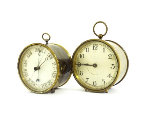 Brass drumhead clock timepiece, 5" high; together with a brass aneroid barometer clock timepiece, 4.75" high (2)