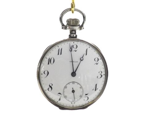 Omega white metal (0.900) lever pocket watch, the dial with Arabic numerals and subsidiary seconds, moon hands, inscribed cuv