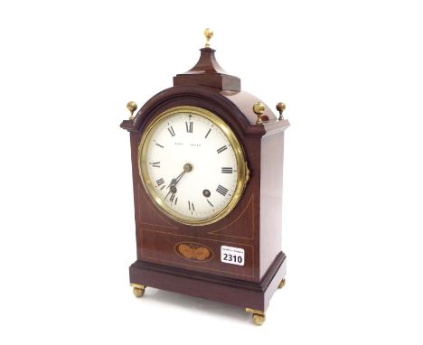 Mahogany inlaid two train bracket clock striking on a gong, the 5.25" white dial signed Kirby, Ware, within a stepped case in