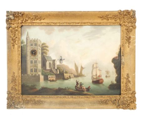Gilt framed automaton picture clock, the fusee verge movement signed Watkins, no. 124 driving a church tower clock and windmi