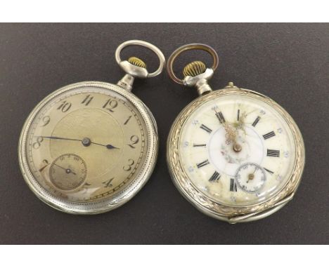 Silver (0.800) lever pocket watch, the silvered dial with Arabic numerals and subsidiary seconds, within an engine turned and