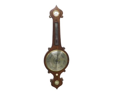 Rosewood four glass onion top banjo barometer, the 10" silvered dial signed Barnascom, Leeds, within a shaped top case