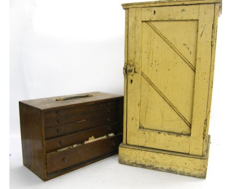 Oak watchmaker's chest containing an assortment of watch spares including watch glasses, tools etc, 17.45" wide; together wit