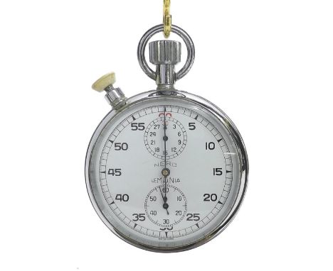 Nero Lemania military issue chrome cased split second pocket stopwatch, the dial with Arabic five second recording chapter, c