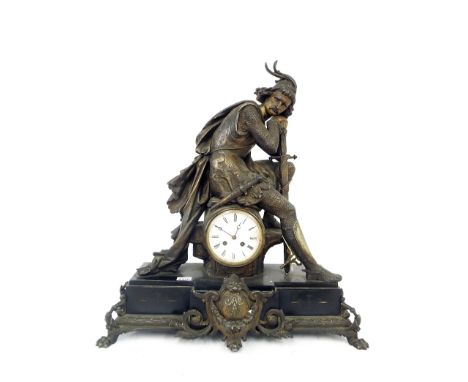 Black slate and spelter figural two train mantel clock, the movement with outside countwheel striking on a bell (bell missing