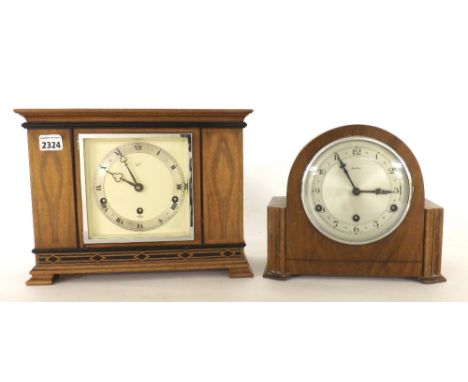 Elliott walnut three train mantel clock striking on four rods retailed by Mallory of Bath, 10.25" high; also another three tr