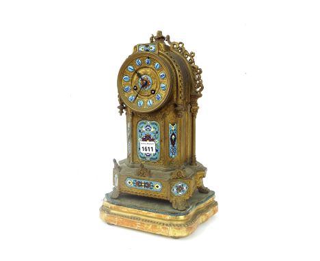 Brass and cloisonne two train mantel clock, the S. Marti movement with outside countwheel striking on a bell, the 3.75" cast 