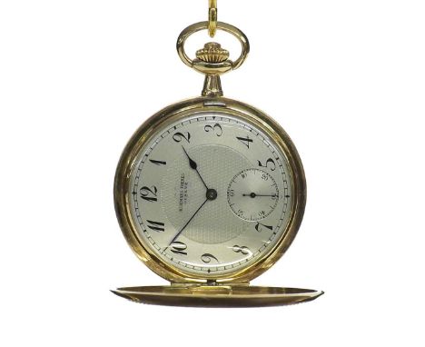 Fine Audemars Freres, Geneva 14k lever hunter pocket watch, signed gilt movement with whiplash regulator, original signed sil