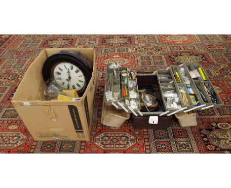 Quantity of miscellaneous clock parts and tools, to include a single train wall dial clock, various winding keys, Roebuck tap