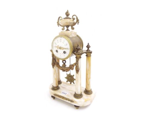 French yellow veined white marble and gilt metal mounted two train drumhead portico mantel clock, the movement with outside c