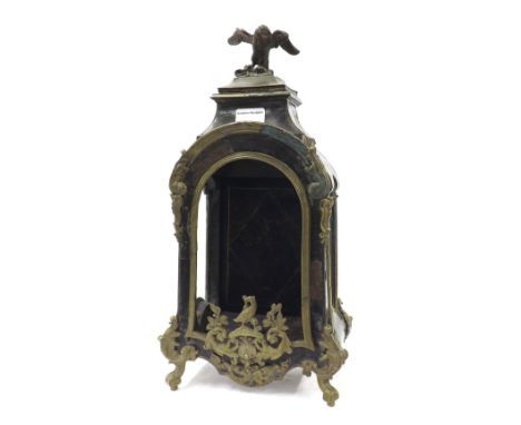 Antique French tortoiseshell and brass mounted bracket clock case, with glazed sides and surmounted by a caddy top with eagle