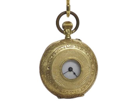 18k cylinder half hunter fob watch, unsigned gilt bar movement, the dial with Roman numerals, within an elaborately engraved 