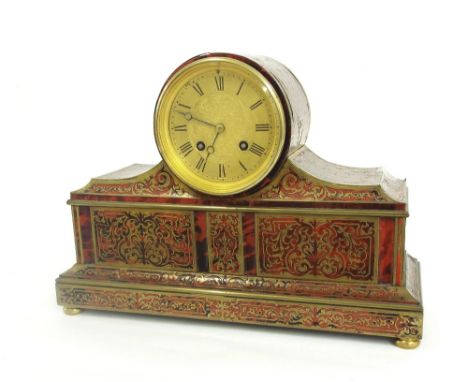 French boulle two train drumhead mantel clock striking on a large bell, the 4.25" gilt chapter ring enclosing a scrolling fol