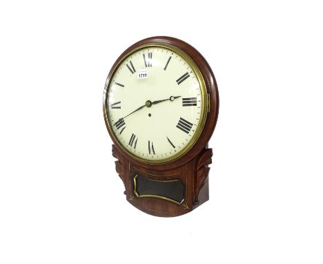 English mahogany single fusee 12" convex drop dial wall clock, with foliate carved ears and pendulum window, inlaid with boxw