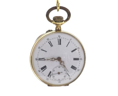 Continental 18k lever pocket watch, unsigned bar movement, the dial with Roman numerals, outer five minute divisions and subs