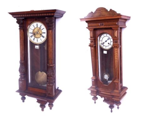 Walnut Vienna regulator two train wall clock, the 6.25" cream dial enclosing a gilded fluted centre, within a pillared glazed