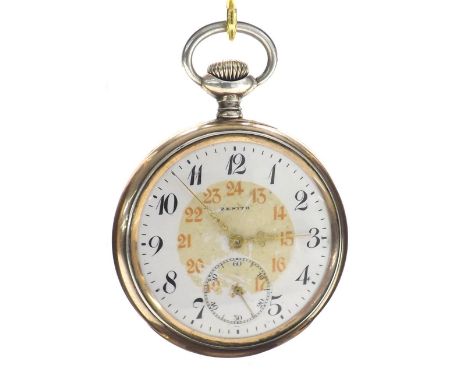 Zenith white metal (0.800) lever pocket watch, 17 jewel movement no. 2668403, the dial with Arabic numerals, inner red twenty