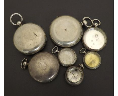 Quantity of silver pocket watch cases; to include three engine turned hunter cases and four fob cases (7)