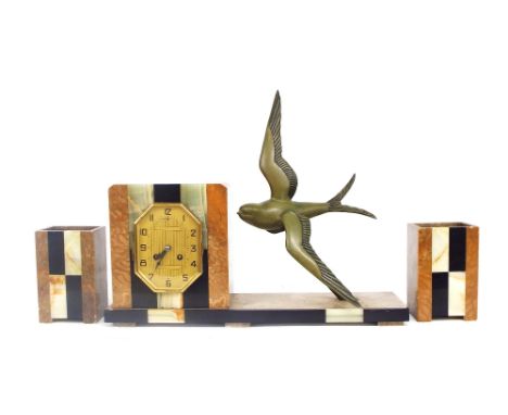 Art Deco marble and onyx figural two train mantel clock garniture, the movement with outside countwheel striking on a bell, t