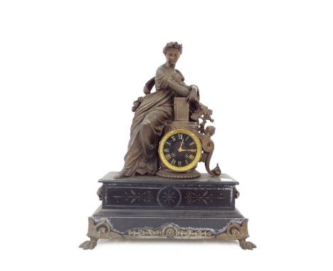 Black slate and spelter figural two train mantel clock, the movement with outside countwheel striking on a bell (bell missing