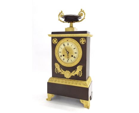 French bronze and ormolu mounted two train mantel clock, the movement with outside countwheel striking on a bell, the 4" gilt