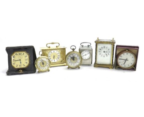 Selection of seven assorted small clocks, to include a French carriage clock with cloisonne pillars, Le Coultre travel clock 