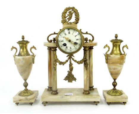 Yellow marble and gilt metal portico two train mantel clock garniture, the movement with outside countwheel striking on a bel