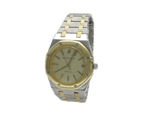 Audemars Piguet Royal Oak gold and stainless automatic gentleman's bracelet watch, no. 1809, silvered textured dial with bato