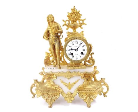 French alabaster and gilt metal figural two train drumhead mantel clock striking on a bell, the 3" white dial signed Berthoud