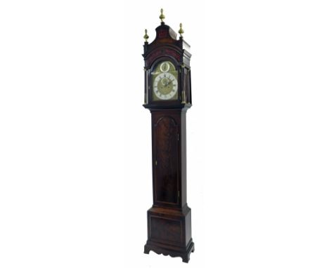 Good mahogany eight day five pillar longcase clock, the 12" brass arched dial signed Ellicott, London on the silvered chapter