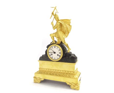 French bronze and ormolu two train figural mantel clock, the movement with outside countwheel striking on a bell, the 2.75" s