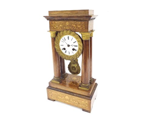 French rosewood inlaid two train portico mantel clock, the movement with outside countwheel striking on a bell, the 3" white 