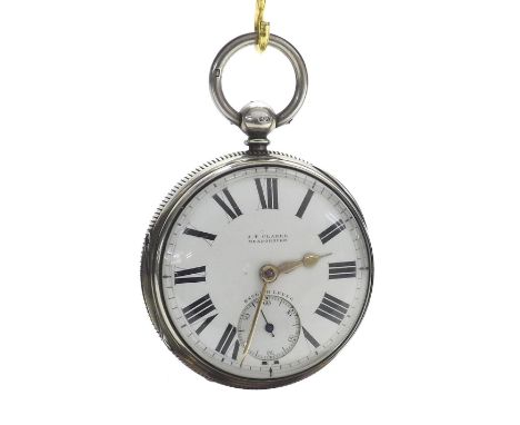 Silver fusee lever pocket watch, Chester 1890, signed J.T Clarke, Mexborough, no. 17515, with gold balance, engraved balance 