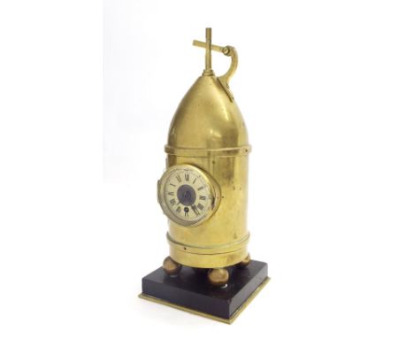 Novelty brass industrial mantel clock timepiece with thermometer, the 2.5" gilt metal dial inset into a case in the form of a