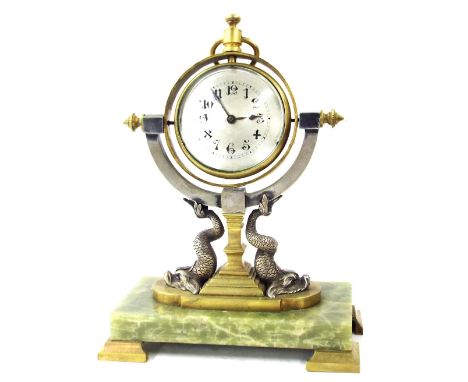 Decorative silvered brass and green onyx industrial mantel clock timepiece, the 4" silvered dial and movement within a convex